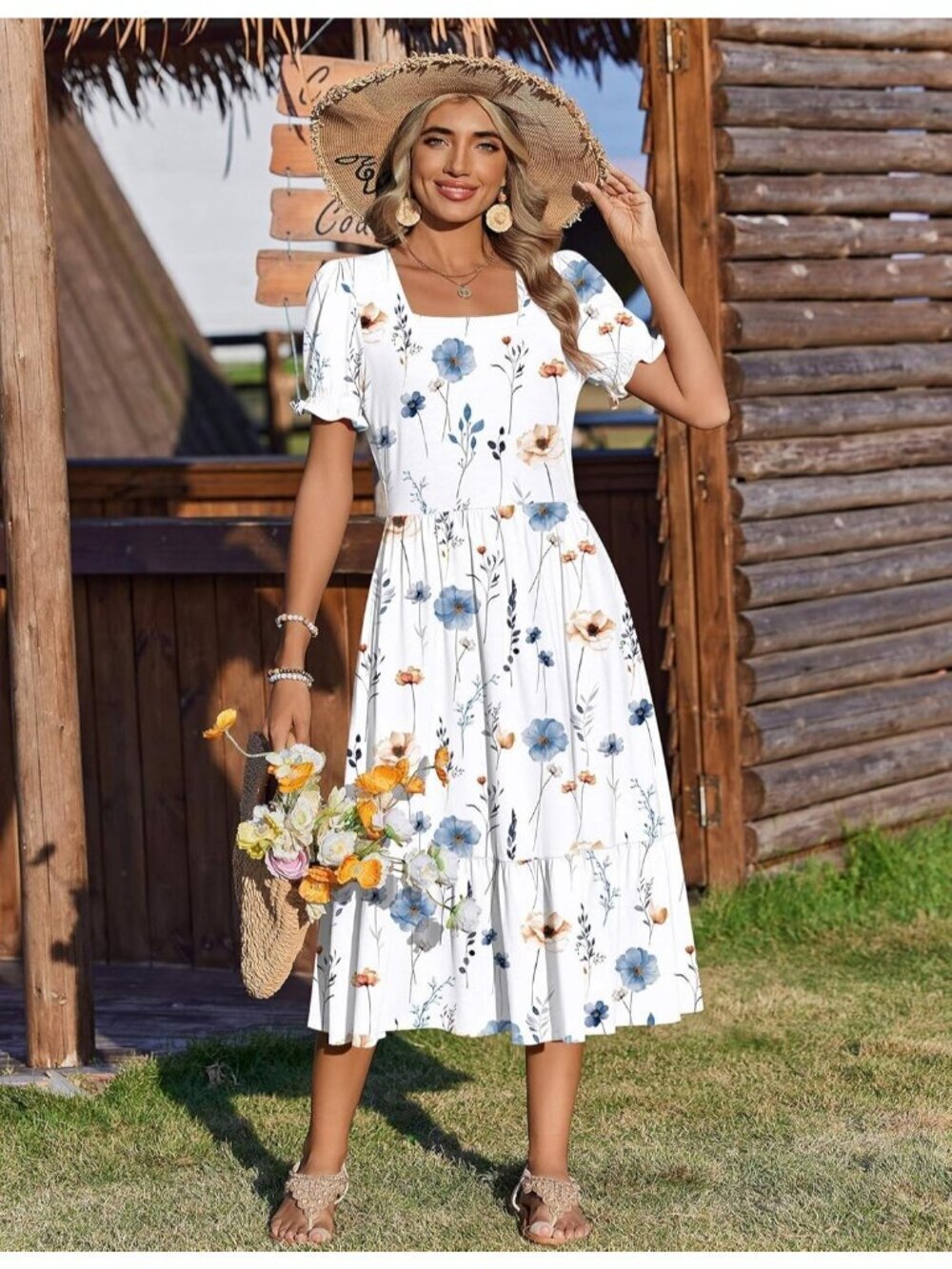 Zeagoo Women's White Floral Flowy Casual Short Sleeve Tiered Midi Maxi Dress - Picture 3 of 6